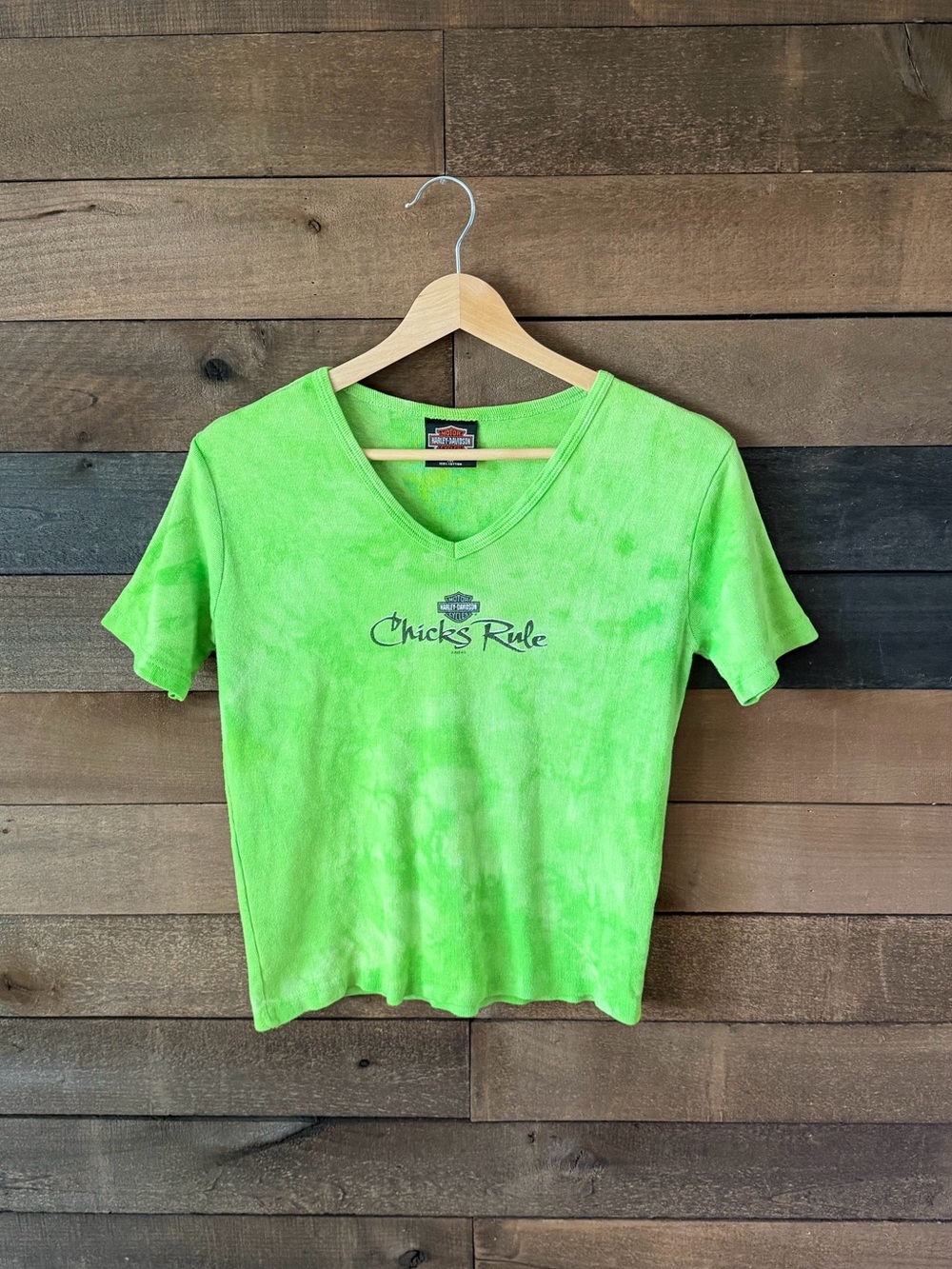 Vintage Harley Davidson Chicks Rule Lime Green Tie Dye Baby Tee